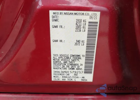 2015 Nissan Altima 2.5 S z USA, uszkodzony, nr VIN 1N4AL3AP6FC579257